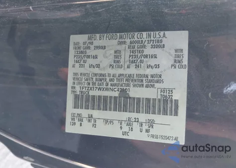 1998 Ford F-150 Lariat/Standard/Xl/Xlt z USA, uszkodzony, nr VIN 1FTZX17WXWNC42101